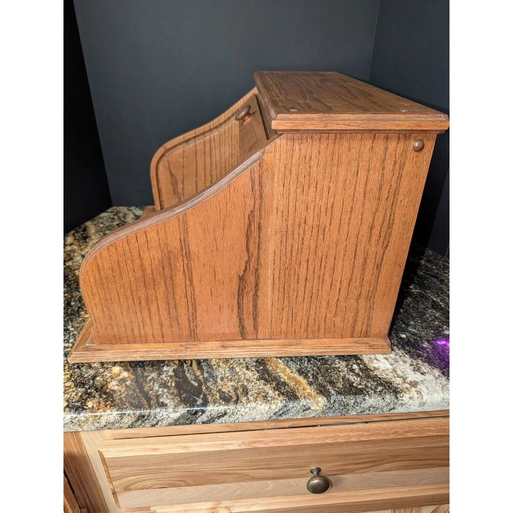 VTG Oak Roll Top Bread Box Country Kitchen Countertop Storage 19.75×17.25×12.5